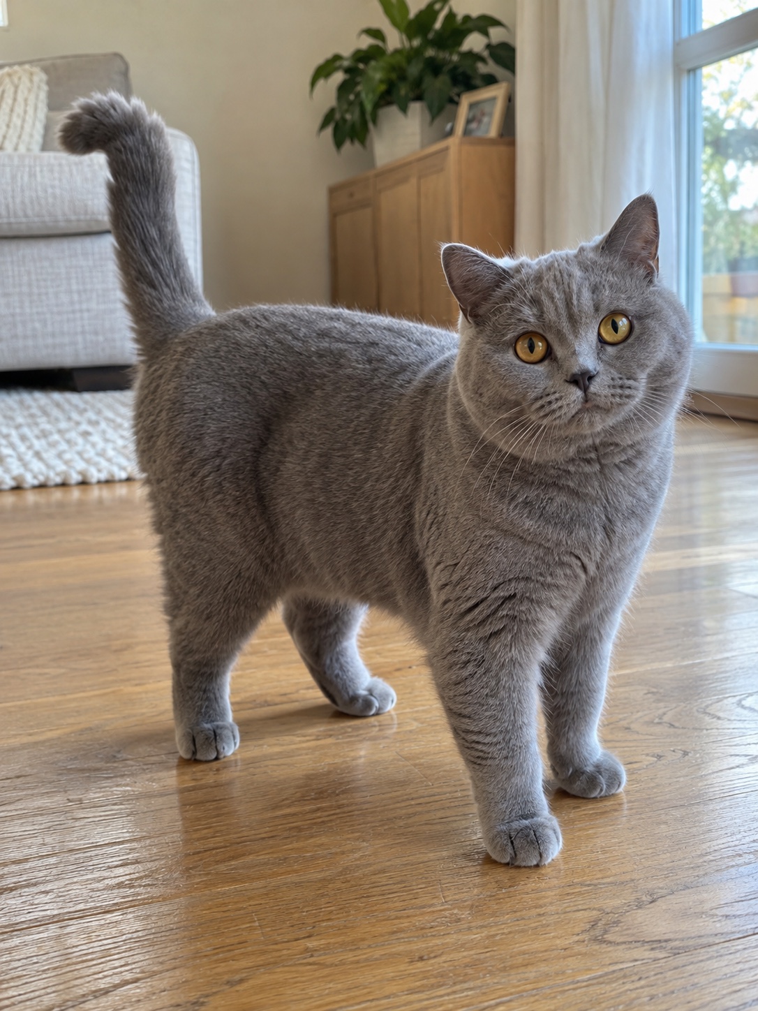 Source photo of a grey shorthair cat standing on a wooden floor