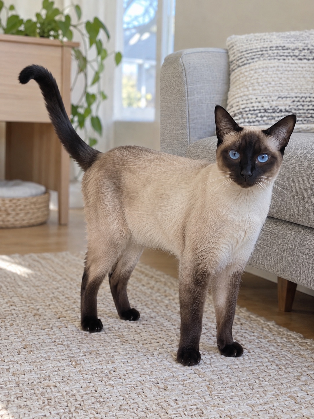 Source photo of a Siamese cat standing on a rug