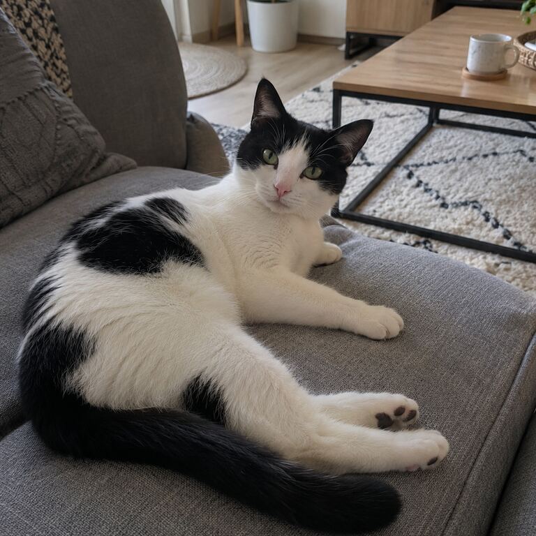 Source photo of a black-and-white cat lying on a sofa