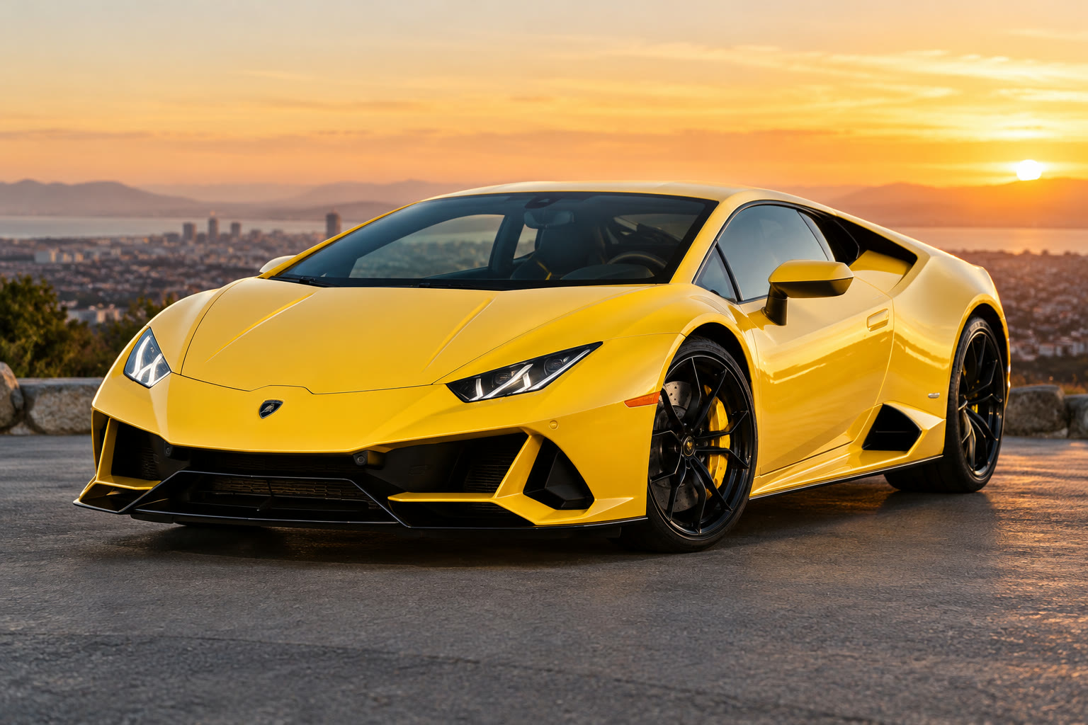 Source photo of a yellow toy supercar on a windowsill at sunset