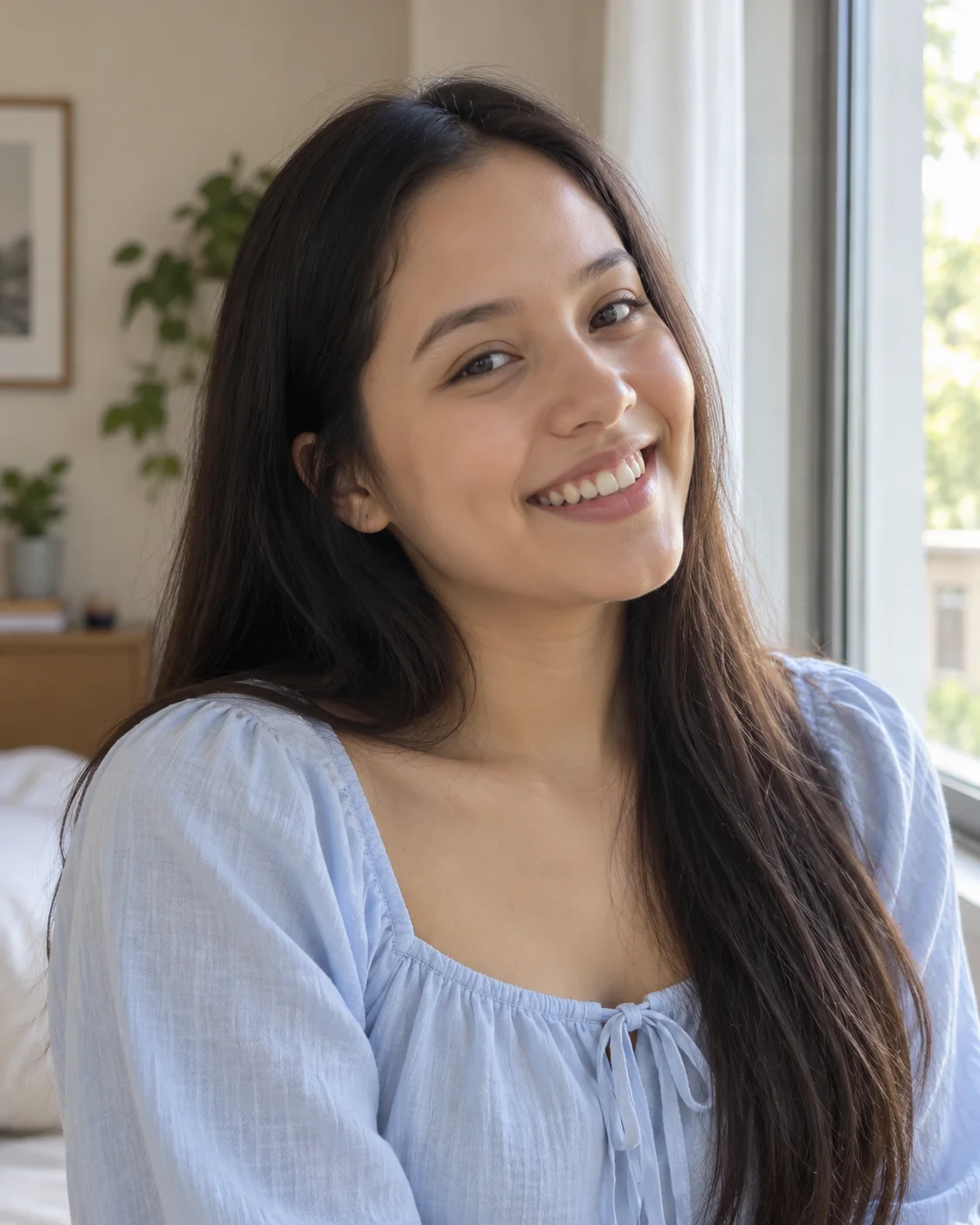 AI illustration of a smiling woman with long dark hair, example photo for the second person