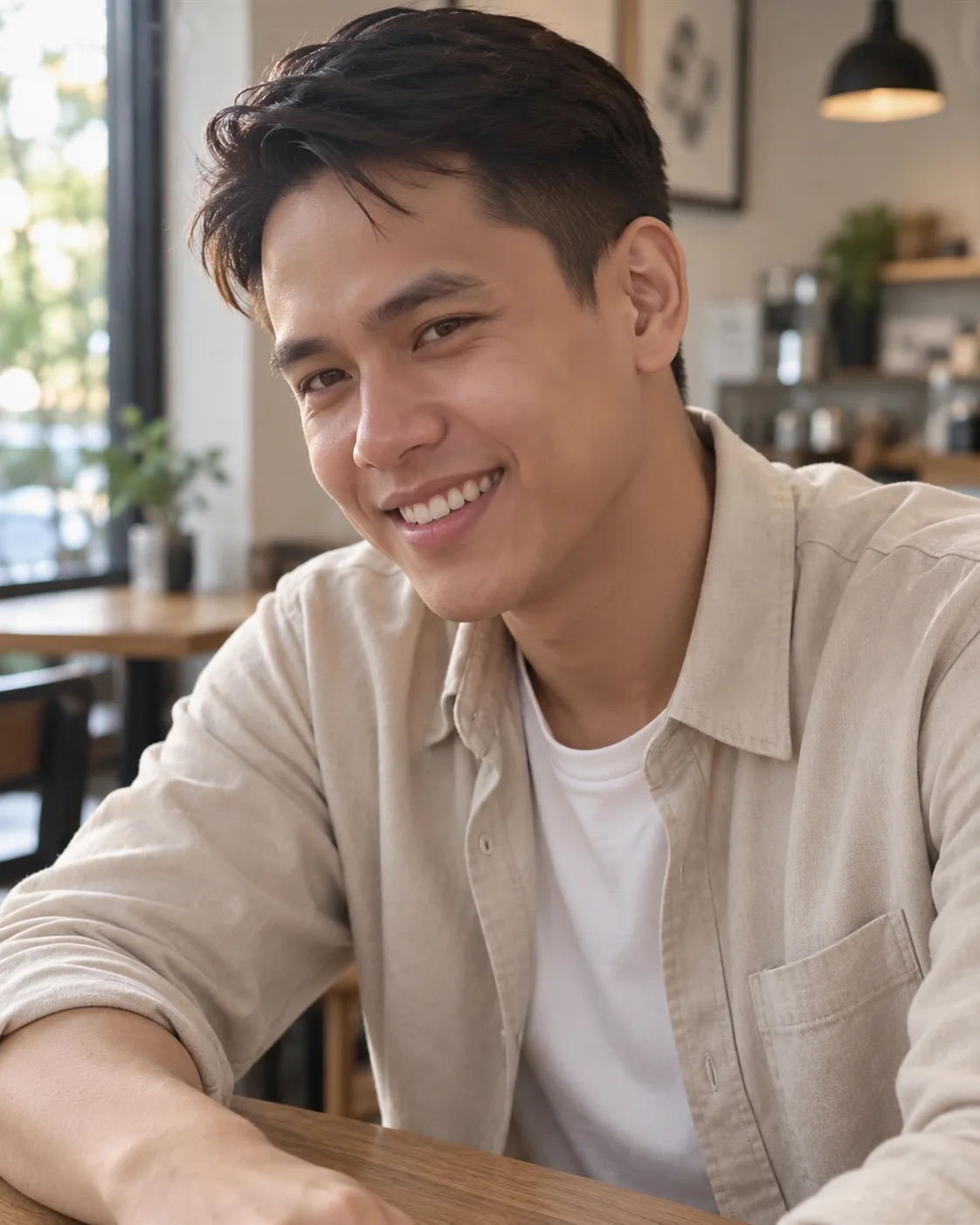 AI illustration of a smiling man in a beige shirt, example photo for the first person